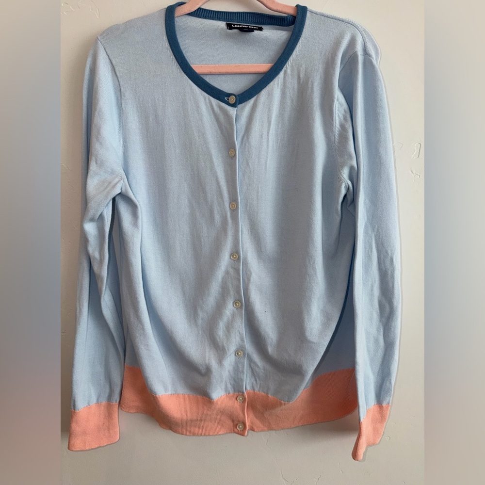 Lands’ End Blue Peach Colorblock Cotton Cardigan Sweater Button Front M